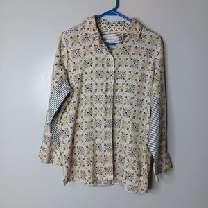 Foxcroft Wrinkle Free Top  10 Cream Yellow Floral Button Up Shaped Fit Geometric